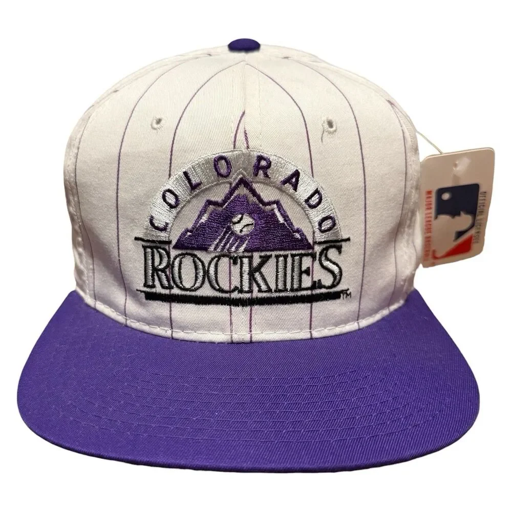 Vintage 90s Colorado Rockies Starter Snapback Hat White Purple Pinstripe NOS NWT